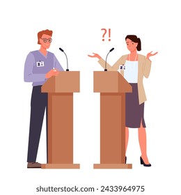 Debate between two political speakers at platform before vote. Young man and woman standing in front of podium for dialogue, question and exclamation marks in speech bubble cartoon vector illustration