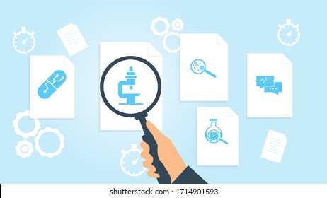 Debate, cardiogram, talk, bubble file, document research vector illustration. Document with search icons. File and magnifying glass. Analytics research sign. Vector Illustration