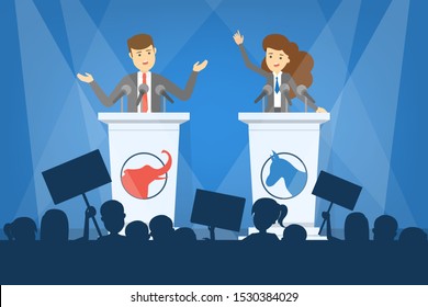 Debate concept. Candidate for president at the tribune. Political speech. Presidential election. Isolated vector illustration in cartoon style