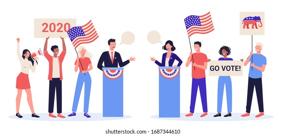 Debate concept. Candidate for president at the tribune. Political speech. Presidential election. Election speech concept. Career in politics. Isolated vector illustration in cartoon style