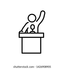 Debate concept icon outline. Man argue behind tribune vector