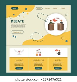 Debate flach Landing Page Website-Vorlage. Argument, Meinungsaustausch, Frage. Webbanner mit Header, Inhalt und Fußzeile. Vektorgrafik.