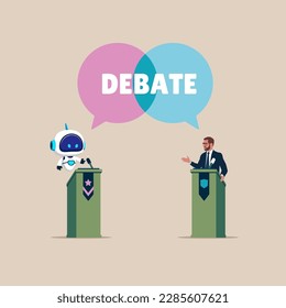 Debate. Human and robot conducting discussion on public debates. Artificial intelligence technology. Modern vector illustration in flat style