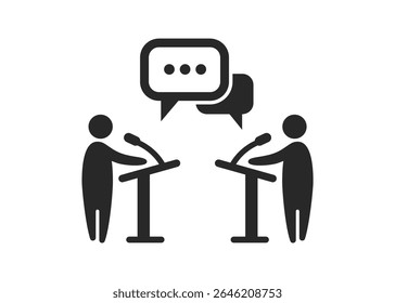 Ícone de debate sobre ilustração de fundo branco. Placas de voto dos políticos.  Debate sobre a justiça no Parlamento. Símbolos de silhueta preta de vetor definem ilustração de estoque