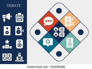 debate icon set. 13 filled debate icons.  Collection Of - Comments, Speakers, Commentator, Podium, Speaker, Vote, Comment