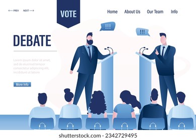 Debate landing page template. Leaders of opposing political parties talking on public debates before vote. Two politicians debate on rostrum, electorate group. Election campaign banner. flat vector