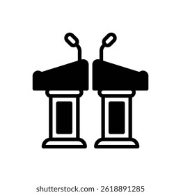 Debate. Outlined stroke vector icon with black-filled details.