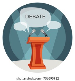 Debate poster with microphones and opinions on vector illustration