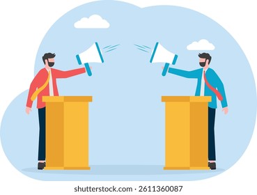Debate and quarrel, two businessmen arguing with each other while standing on the podium with megaphones

