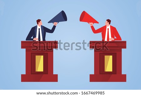 Debate and quarrel, two businessmen arguing with each other while standing on the podium with megaphones
