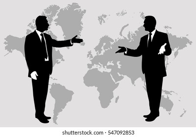 Debate speakers on world map background. Silhouette man. Dispute. Gestures hand. Oratory. Public. Political. Corporate. Black and white. Stock vector illustration. Header. image. Persuasion. Influence