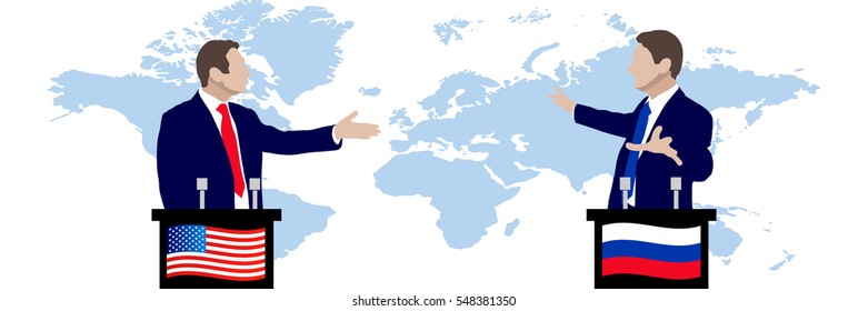 Debate speakers on world map background. Rhetoric, disputes between the parties. Negotiations. Flag. Icon. Russia, United States, Stock vector illustration. Oratory. Public. Political. 