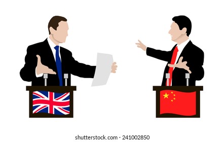 The debate speakers. Rhetoric, disputes between the parties. Negotiations. Flag. Vector. Icon.  China, United Kingdom