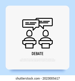 Debate thin line icon, two candidates are discussing politics. Modern vector illustration.