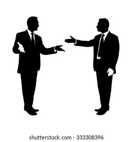 Debate two speakers in dialogue using energetic gestures. Men gave a speech very active. TOP Communication. Black and white, Illustration. Image. Vector. Icon.