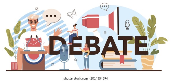 Debate typographic header. Rhetoric school class. Students training debates speech. Voice projection and speech improvement techniques. School radio club. Isolated flat vector illustration