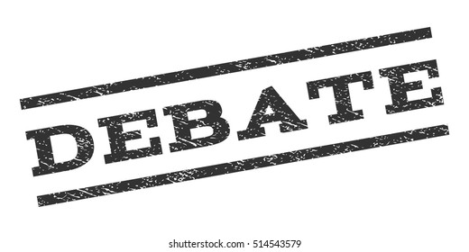 Debate watermark stamp. Text caption between parallel lines with grunge design style. Rubber seal stamp with scratched texture. Vector gray color ink imprint on a white background.