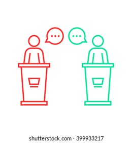 debates between candidates. concept of pr, 2016 USA voting, duel, dialog, man figure, meeting, vs, polemic, senator, primaries, podium. flat style trend logo design illustration on white background