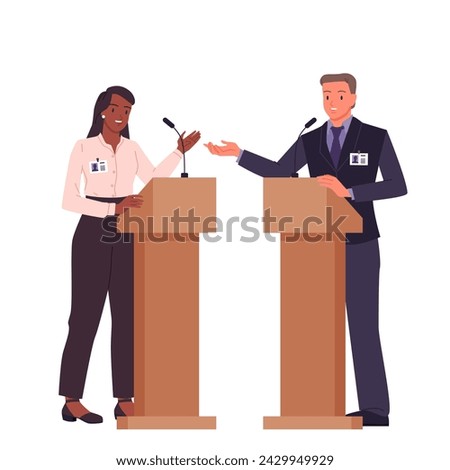 Debates between two politicians with friendly faces and smiles. Young man and woman standing at podiums with microphones to talk to audience during election campaign cartoon vector illustration