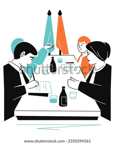 Debates and negotiations - colorful flat design style illustration with linear elements. Orange and blue picture with official meeting with business partners at the table. Discussion and relationship