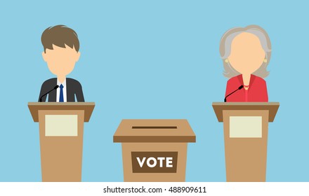 Debates on election. Two speaker on tribunes. Vote ballot box. Concept of voting, ellection and balloting. Election campaign.