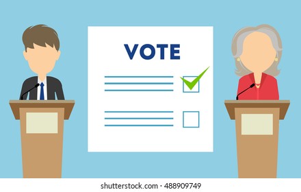 Debates on election. Two speaker on tribunes. Vote paper. Concept of voting, ellection and balloting. Election campaign.