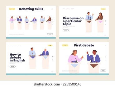 Debating conference concept of landing page with politicians stand on tribunes speaking to audience. Candidates at political debates, election campaign. Cartoon vector illustration