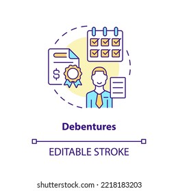 Debentures-Konzeptsymbol. Schuldtitel. Quelle der langfristigen Finanzierung abstrakte Idee dünne Linie Illustration. Einzeln Umrisszeichnung. Bearbeitbarer Strich. Arial, Myriad Pro Fett Schriftarten verwendet