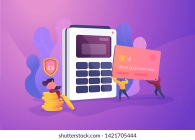 Debit card, bank plastic payment card, online card payment and secure bank saving concept. Vector isolated concept illustration with tiny people and floral elements. Hero image for website.