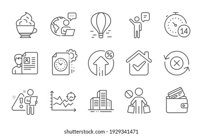 Debit card, Cappuccino cream and Reject refresh line icons set. Project deadline, Buildings and Job interview signs. Loan percent, Air balloon and Quarantine symbols. Line icons set. Vector