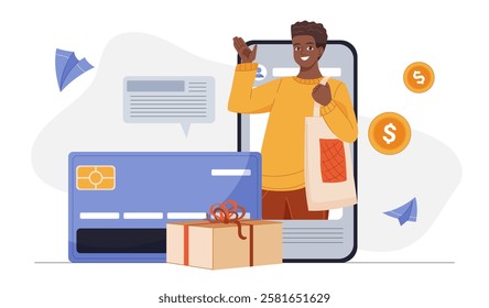 Debit card gift box. Man on smartphone screen near card and gift. Discounts and promotions, special offers for regular customers. Cashback in online store. Flat vector illustration
