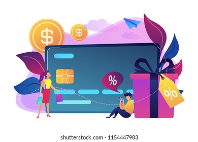 Debit card, gift box and users. Online card payment and plastic money, bank card purchase and shopping, e-commerce and secure bank saving concept, violet palette. Vector isolated illustration.