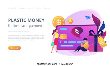 Debit card, gift box and users. Online card payment and plastic money, bank card purchase and shopping, e-commerce and secure bank saving concept, violet palette. Website landing web page template.