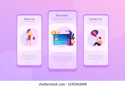 Debit card, gift box and users. Online card payment and plastic money, bank card purchase and shopping, e-commerce and secure bank saving concept, violet palette. UI UX GUI app interface template.