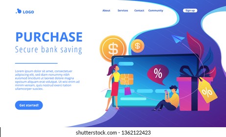 Debit card, gift box and users. Online card payment and plastic money, bank card purchase and shopping, e-commerce and secure bank saving concept, violet palette. Website landing web page template.