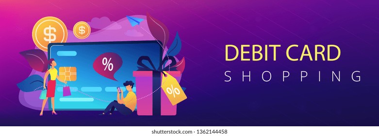 Debit card, gift box and users. Online card payment and plastic money, bank card purchase and shopping, e-commerce and secure bank saving concept, violet palette. Header or footer banner template.