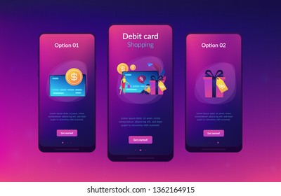 Debit card, gift box and users. Online card payment and plastic money, bank card purchase and shopping, e-commerce and secure bank saving concept, violet palette. UI UX GUI app interface template.