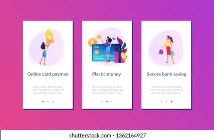 Debit card, gift box and users. Online card payment and plastic money, bank card purchase and shopping, e-commerce and secure bank saving concept, violet palette. UI UX GUI app interface template.