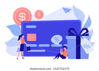 Debit card, gift box and users. Online card payment and plastic money, bank card purchase and shopping, e-commerce and secure bank saving concept. Vector isolated illustration.