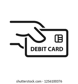 Debit card in hand. Can be used as an icon for finance, online trading, bank payments, Financial Transactions. Simple line icon. Isolate on white background.