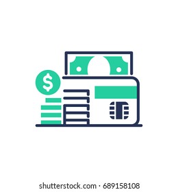 Debit Card - modern vector single line design icon. An isolated item of the banking system, microchip, green color, coins stack, dollar sign and paper bill. White background.