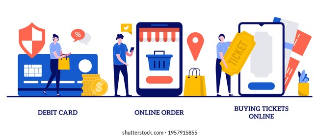 Debit card, online order, buying tickets concept with tiny people. Online payment vector illustration set. Plastic money, buying goods on internet, e-commerce shopping, booking mobile app metaphor.