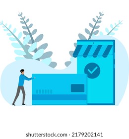 debit card or Payment, business concept. Flat vector illustration of a man pushing a payment card. Online payment concept.