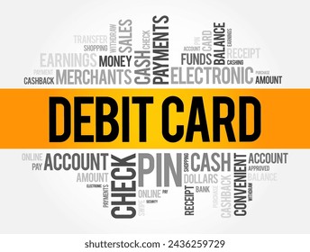 Debit Card ist eine Zahlungskarte, die anstelle von Bargeld verwendet werden kann, um Einkäufe zu tätigen, Word Cloud Konzept Hintergrund