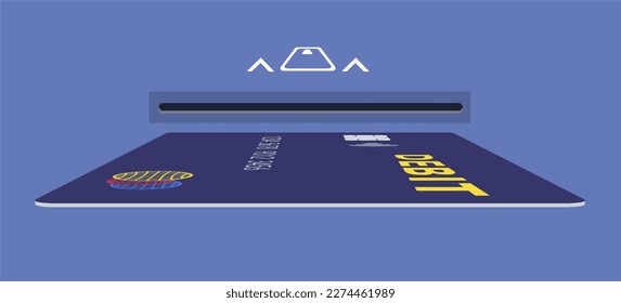 A debit card is seen with the card insert slot on an ATM or a chip reading check out system in this vector illustration.