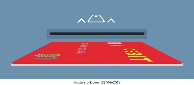 A debit card is seen with the card insert slot on an ATM or a chip reading check out system in this vector illustration.