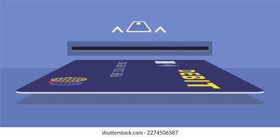 A debit card is seen with the card insert slot on an ATM or a chip reading check out system in this vector illustration.