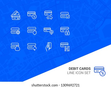 Debit cards line icon set. Set of line icons on white background. Banking concept. Credit card, payment, economy. Vector illustration can be used for topics like economy, modern, payment