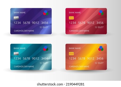 Debit and credit bank cards. Cashless payment. Gold and silver blank template. ATM color plastic. Golden or platinum realistic banking objects set. Wireless shop paying. Vector background