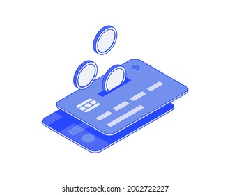 Debit or Credit banking Card, income, coins, add funds to account isometric illustrate 3d vector icon. Modern creative design illustration in flat line style.